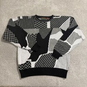 Vintage Oakton Limited Sweater Mens XLT Black White Geometric Preppy Pullover